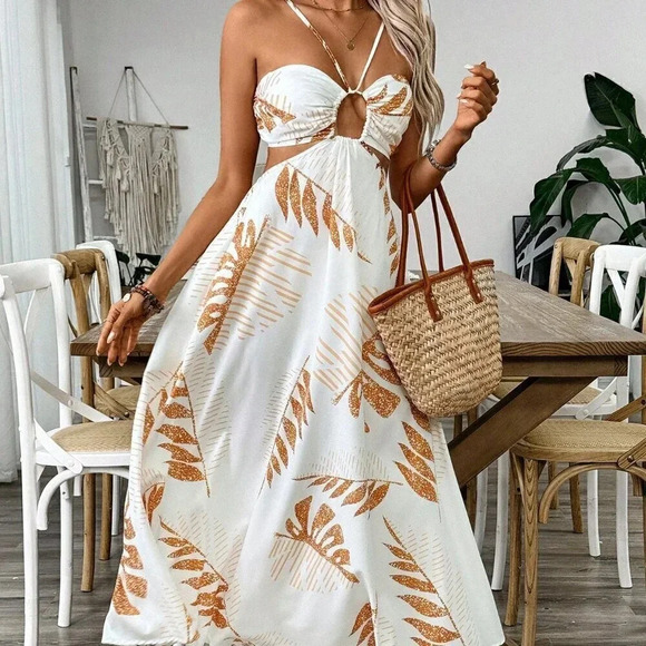 Multicolor Boho Women's Tropical Hollow Out Backless Halter Maxi Beach Dress - Picture 4 of 5